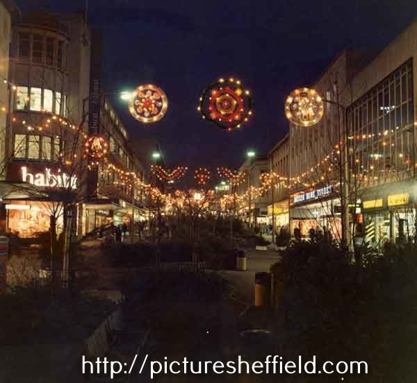 Christmas lights on The Moor showing (left) Habitat, furniture store and (right) Nos. 43-51 British Home Stores