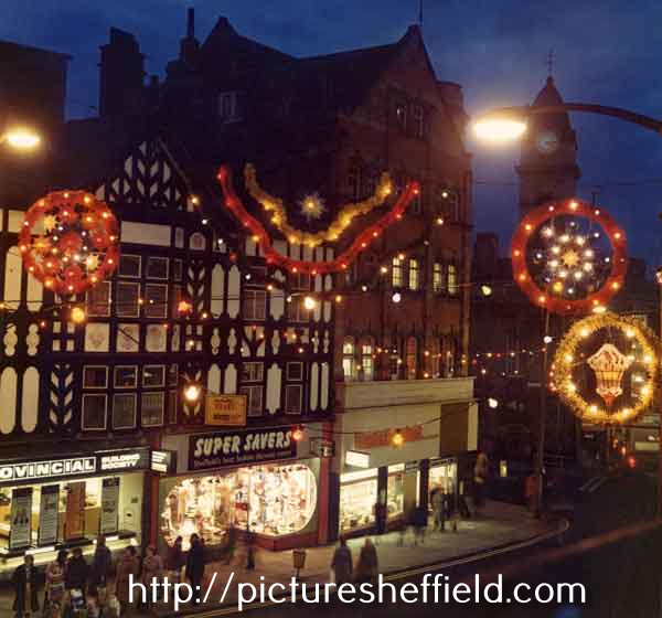 Christmas lights on Haymarket showing (l.to r.) Provincial Building Society, Super Savers, fashion discount shop and Charles Hagenbach and Sons Ltd., bakers