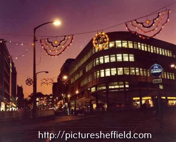 Christmas lights at junction of High Street and Fargate showing (centre) Kemsley House, Telegraph and Star Offices and Nos. 11-15 Bradford and Bingley Building Society