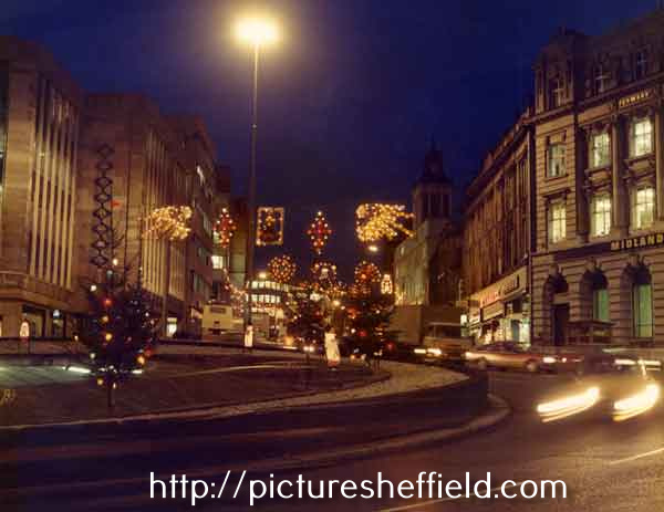 Christmas lights on Castle Square and High Street showing (left) Rackhams, department store and (right) Midland Bank