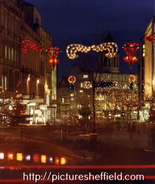 Christmas lights on Fargate showing (foreground) the Goodwin Fountain 