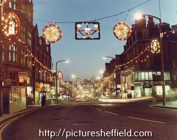 Christmas decorations on Pinstone Street showing (right) Nottingham Building Society at junction with Cross Burgess Street 