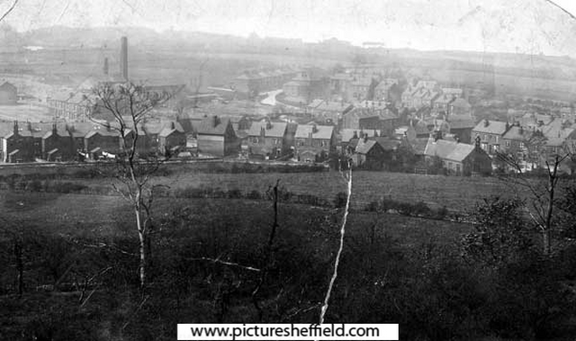 General view probably from Wincobank 'Castle' looking N.W. towards Shire Green and Oaks Fold, showing the Flower Estate (Bluebell Road and Wincobank Avenue) under construction and the Brickyard and chimney (centre)