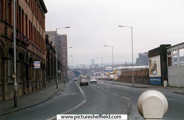 Attercliffe Road at junction of Savile Street, outside the former premises of Thomas W. Ward, Albion Works, looking towards Wicker Arches 