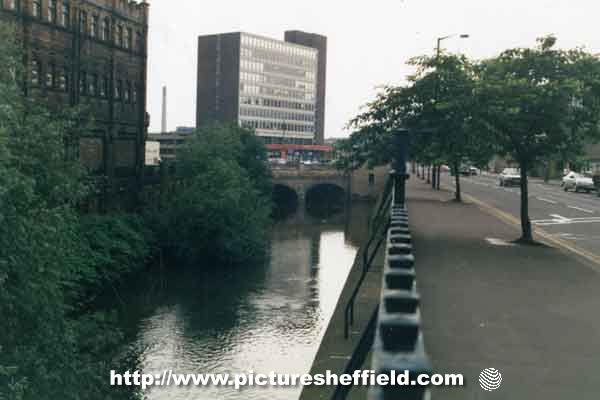 View of River Don from Castlegate showing Hancock and Lant Ltd, house furnishers (left) and Hotel Bristol (centre)