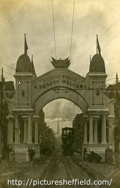 Decorative arch sponsored by Vickers Sons and Maxim, Brightside Lane, to welcome King Edward VII and Queen Alexandra on their visit to Sheffield