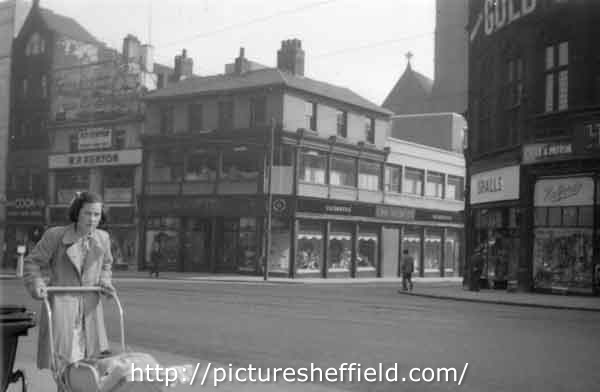 Junction of Fargate and Norfolk Row (centre) showing shops (l.to.r.) W. P. Kenyon, estate agents (Nos.41-43); John Walsh Ltd., department store (Nos.41-47); Spalls Ltd., fancy repository (No.51) and Halford Cycle Co. Ltd (Nos.53-55)