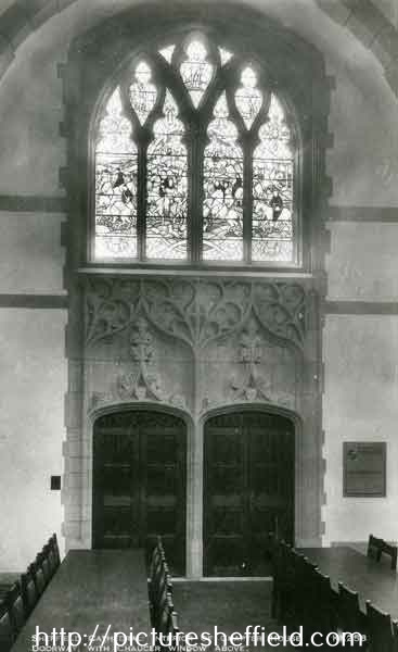 Sheffield Cathedral, Church Street showing interior of the Chapter House doorway with the Chaucer window (above)