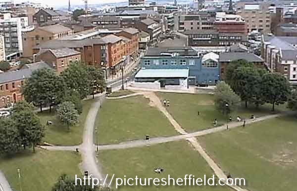 Aerial view of Devonshire Green showing (left) Devonshire Street and (centre) The Forum shopping centre