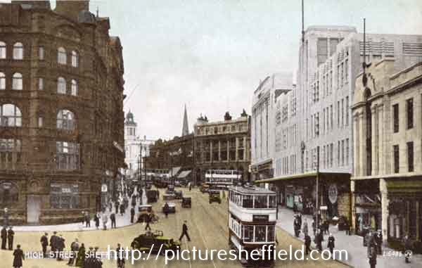 High Street at the junction (left) with Fitzalan Square showing (centre right) Nos. 59 - 65 C. and A. Modes Ltd., and (left) the Marples Hotel, No. 4 Fitzalan Square