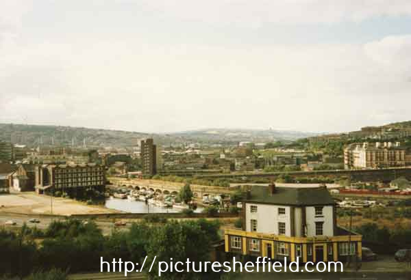 View from Hyde Park Flats showing (left) the Canal Basin and Straddle Warehouse, (right) the Royal Victoria Hotel and (bottom) the Durham Ox public house, 