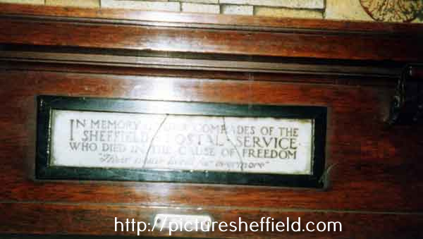 Plaque at the bottom of the roll of honour to Sheffield Post Office employees who died in the First World War after resiting from the General Post Office, Fitzalan Square to Castle House, Angel Street