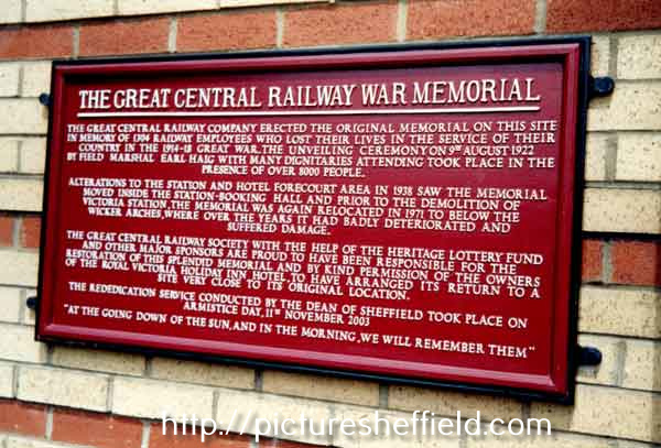 Plaque commemorating the rededication of the Great Central Railway war memorial 