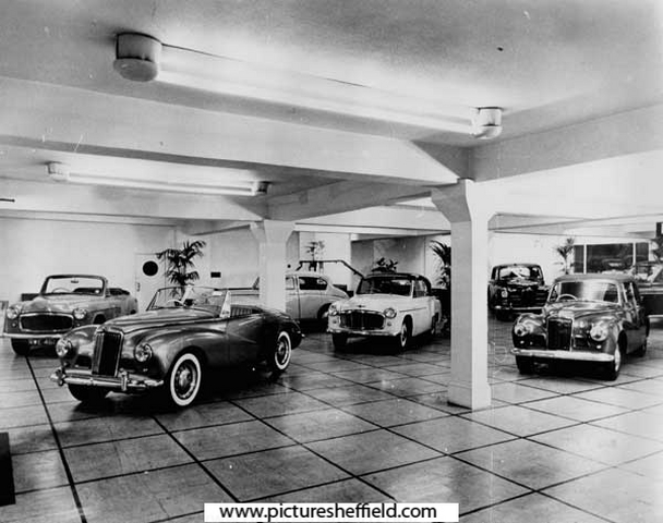 E H Pickford and Co. Ltd, motor dealer and engineer. Display of Hillman, Humber and Sunbeam Talbot cars in the showroom, c. 1953