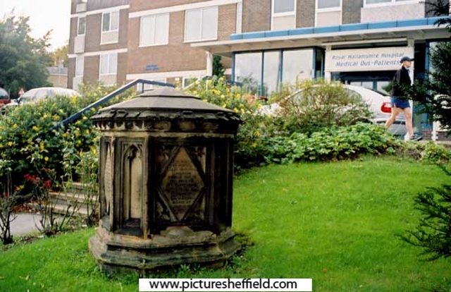 Memorial to Robert Ernest M.D. (1771-1841), first House Surgeon of the Sheffield General Infirmary, removed from St. Philip's churchyard and placed in the grounds of the Royal Infirmary in 1954; now in the Royal Hallamshire Hospital grounds