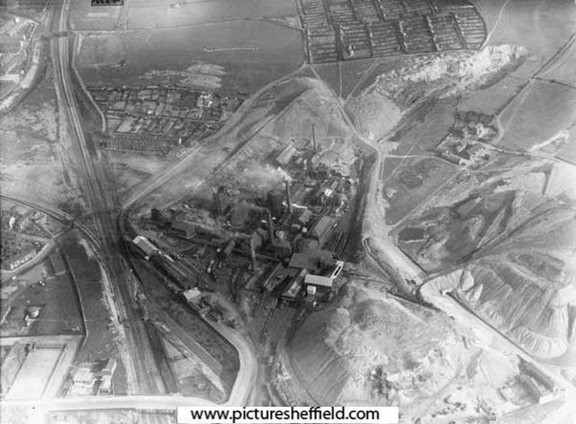Aerial view of Nunnery Colliery at Junction of Woodburn Road, showing Broad Oaks Allotments at the top