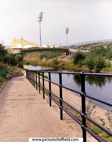 Footbridge over the Sheffield Canal showing the Don Valley Stadium (top left)