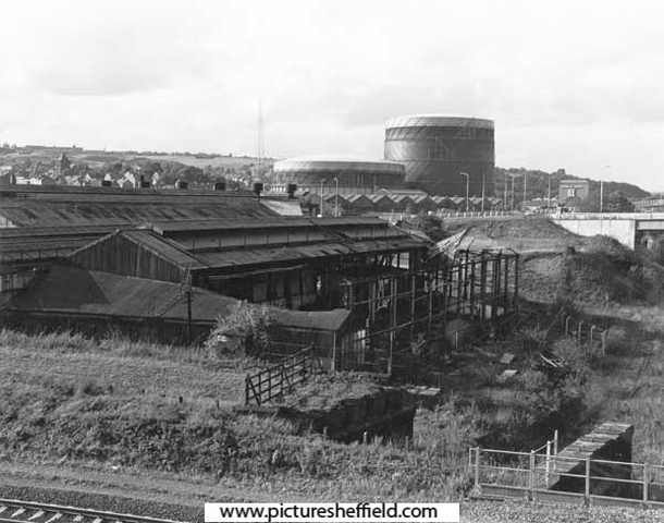 View from Tinsley Viaduct of the former Hadfield Co. Ltd., East Hecla Steelworks showing the Tinsley Gas holders in background