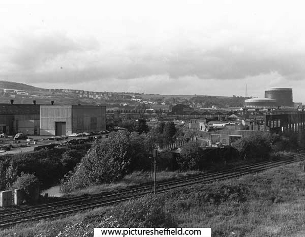 View from Tinsley Viaduct of the former Hadfield Co. Ltd., East Hecla Steelworks showing the Tinsley Gas holders to the right