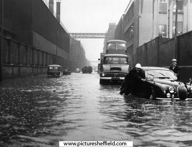 Flooding caused by torrential rain outside English Steel Corporation's River Don Works, Brightside Lane.