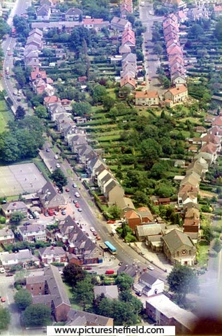 Aerial view of Bents Green and Ringinglow Road, showing Bents Green Methodist Church on the corner of Ringinglow Road and Knowle Lane.