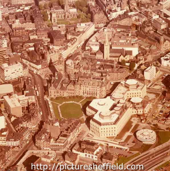 Aerial view of Sheffield city centre showing Town Hall, Town Hall extension and Peace Gardens