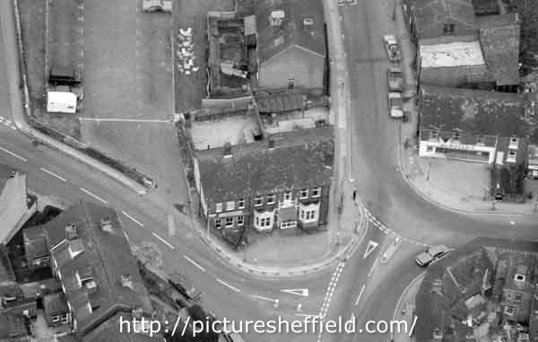 Aerial view of Malin Bridge showing (centre) the Yew Tree Inn, junction of Loxley Road and Dykes Lane and (right) Bowaters (Furnishers) Ltd., general outfitters (No.12 Loxley Road)