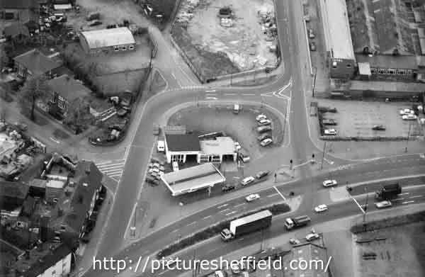 Aerial view of junction of Claywheels Lane and Penistone Road North, Wadsley Bridge showing (top right) INTAL (International Twist Drill Co Ltd.), drill manufacturers and (centre) Niagara Service Station