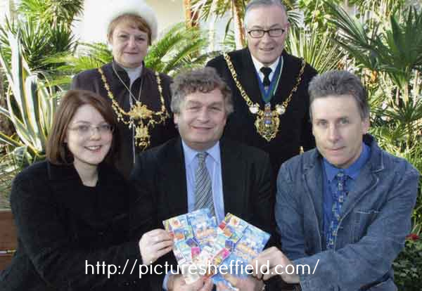 Lord and Lady Mayoress, Councillor Mike Pye and Mrs Pye (back row) with childrens' author Peter J. Murray (front right) and Head of Leisure Services, Keith Crawshaw (front centre) at the Sheffield Children's Book Award, 2004