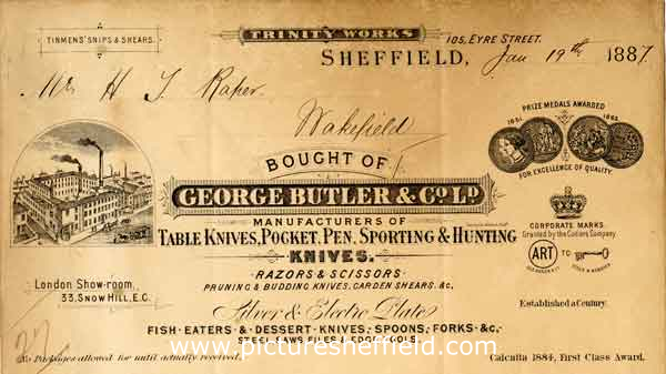 Billhead for George Butler and Co. Ltd., manufacturers of cutlery and electroplate, Trinity Works, Eyre Street