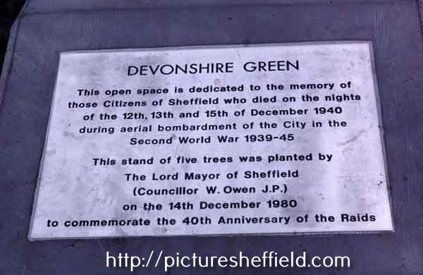 Plaque on Devonshire Green commemorating the air raids on the City during World War II
