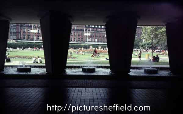View of fountains under old Town Hall extension (known as the Egg Box (Eggbox)) showing (back) Peace Gardens