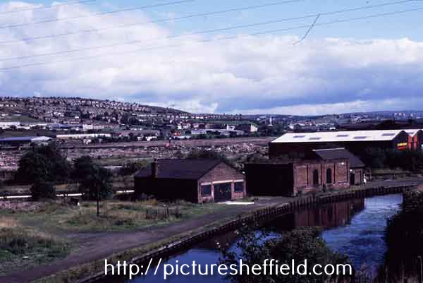 View of Wincobank Hill from Sheffield and South Yorkshire Canal  showing (centre) the site of the former Hadfields Co. Ltd., East Hecla Steelworks later to become Meadowhall Shopping Centre