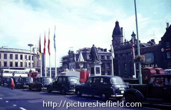 Taxi rank on Fitzalan Square during celebrations for the football World Cup showing (right) the Classic Cinema