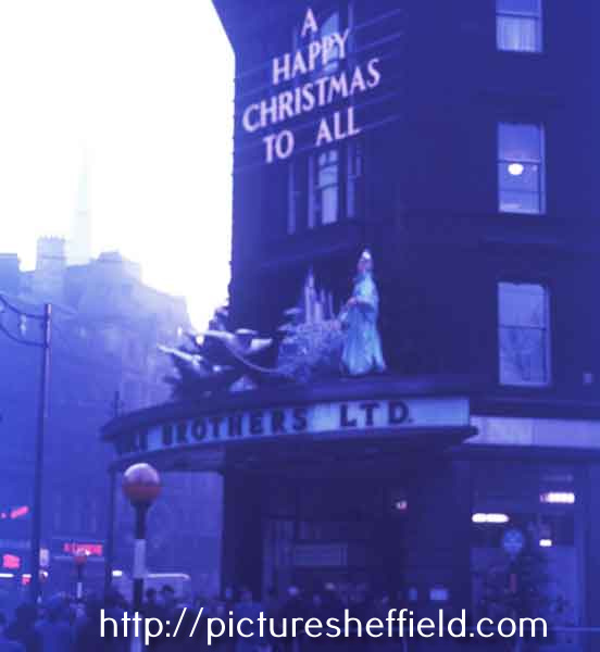 Christmas at Coles Corner, junction of Fargate, High Street and Church Street