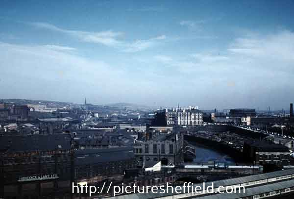 View from the Castle Market building towards Attercliffe showing (foreground) Castlegate, (left) Hancock and Lant Ltd., wholesale furniture and carpets and (centre) Royal Victoria Hotel
