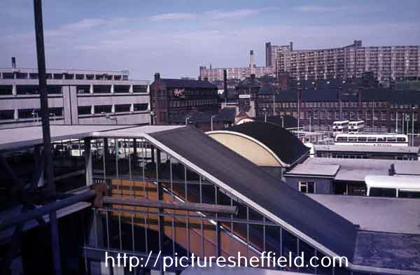 View from Arundel Gate across Pond Street Bus Station towards (right) Park Hill Flats showing (foreground) a covered escalator to Pond Street and (left) Royal Mail Sorting Office, Pond Hill