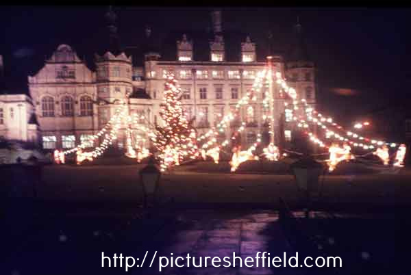 Christmas lights in the Peace Gardens showing the Town Hall in the background