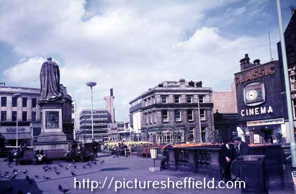 Fitzalan Square looking towards the junction of (left) High Street, (right) Commercial Street and (centre) Haymarket showing (left) King Edward VII Memorial Statue (centre) Yorkshire Bank and (right) the Classic Cinema