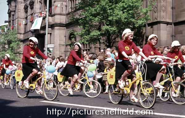 Sheffield Spectacular, parade outside Town Hall, Pinstone Street featuring the Thomas W. Ward cyclists