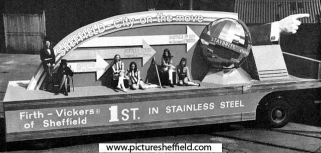 Firth Vickers Stainless Steels Ltd., 'Our Dolly Girls on the Lord Mayor's parade float' (left to right Lynn Hooper, Alison Parker, Anne Ward, Eileen Barber, Dianne Stocks and Christine Akers), 1971