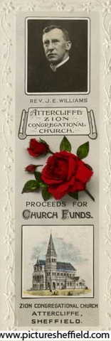 Commemorative book mark sold in aid of church funds showing Rev. J. E. Williams and Attercliffe Zion Congregational Church