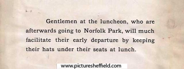 Notice 'Gentlemen at the luncheon, who are afterwards going to Norfolk Park, will much facilitate their early departure by keeping their hats under their seats at lunch'