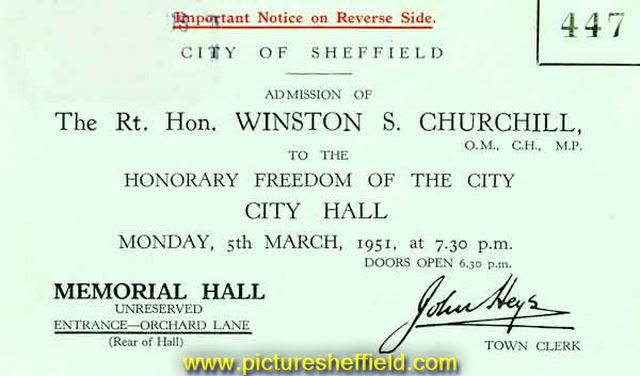 Ticket to the Admission of The Right Honourable Winston Leonard Spencer Churchill to the Honorary Freedom of the City