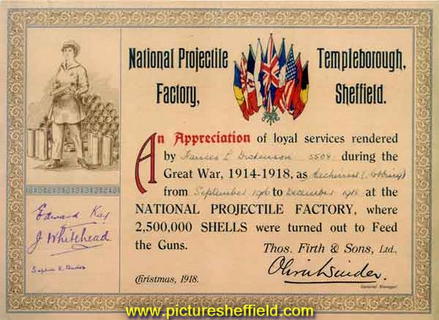 Certificate of Appreciation (Sep 1916 to Dec 1918) awarded to Frances L. Dickinson (5508) (Born 1898) during the Great War as a Machinist (Nobbing), National Projectile Factory, Templeborough