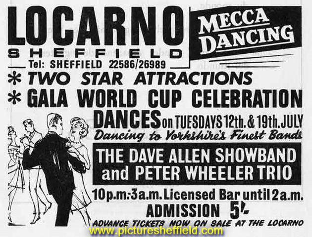 Advertisement for Gala World Cup Celebration Dances, The Locarno, junction of London Road and Boston Street