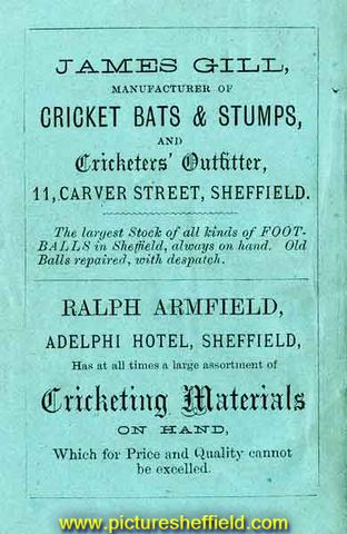 Advertisement for James Gill, manufacturer of crickets bats and stumps, etc; also cricketing materials at the Adelphi Hotel 