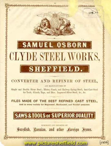 Advertisement for Samuel Osborn, converter and refiner of steel, Clyde Steel Works, Blonk Street