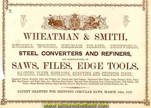 Advertisement for Wheatman and Smith, steel converters and refiners, Russell Works, Kelham Island