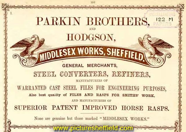 Advertisement for Parkin Brothers and Hodgson, steel converters and refiners, etc., Middlesex Works